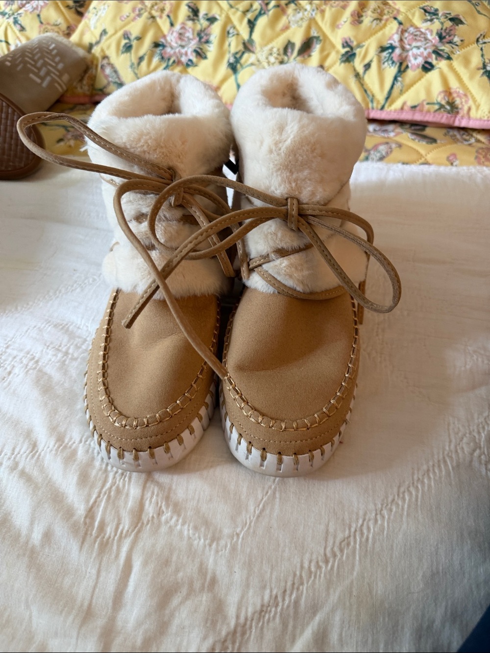 Womens Faux-Shearling Lace-Up Boot in Tan